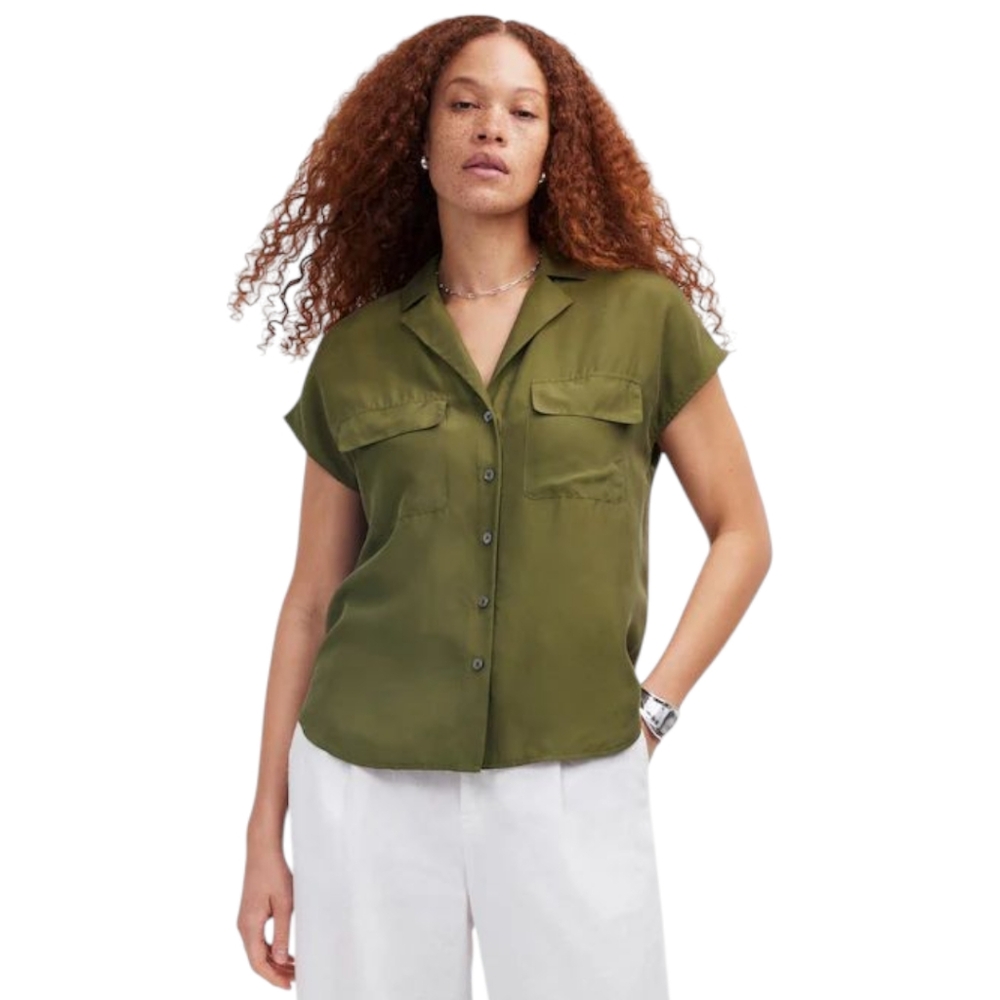 Madewell‎ Washable Silk Drapey Patch Pocket Sleeveless Shirt Loden Green Sz S
